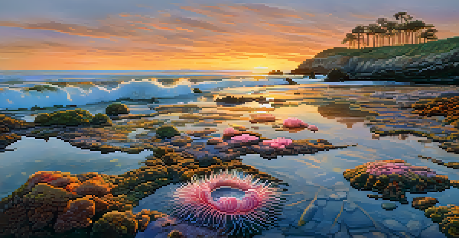 A detailed view of Point Loma Tide Pools at sunrise, showcasing vibrant marine life in the pools and colorful skies above.