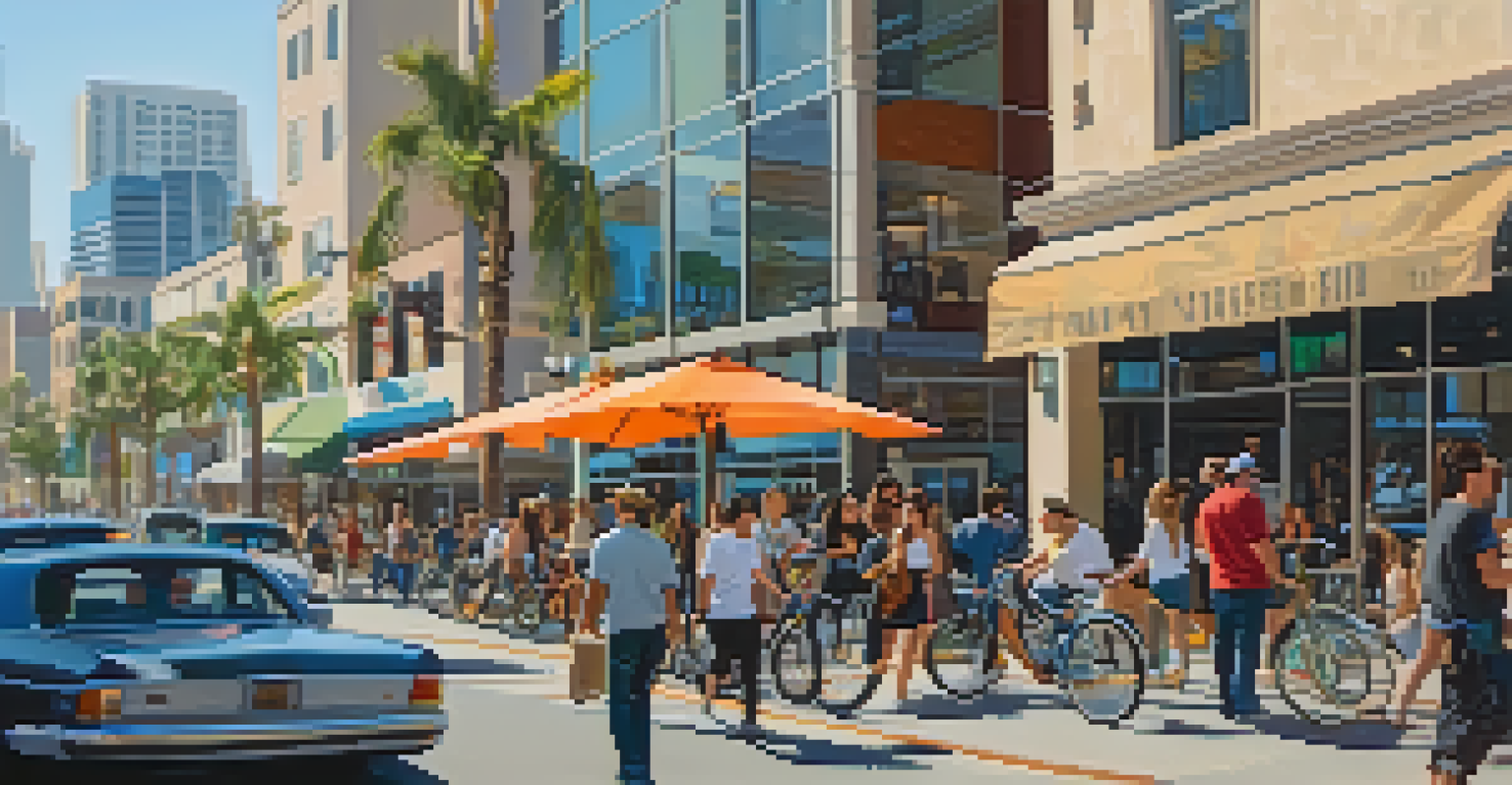 A lively urban scene in downtown San Diego with people walking and biking among cafes and shops.
