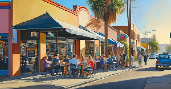 A lively street in North Park, San Diego, with colorful murals, people enjoying coffee, and a bright sunny atmosphere.