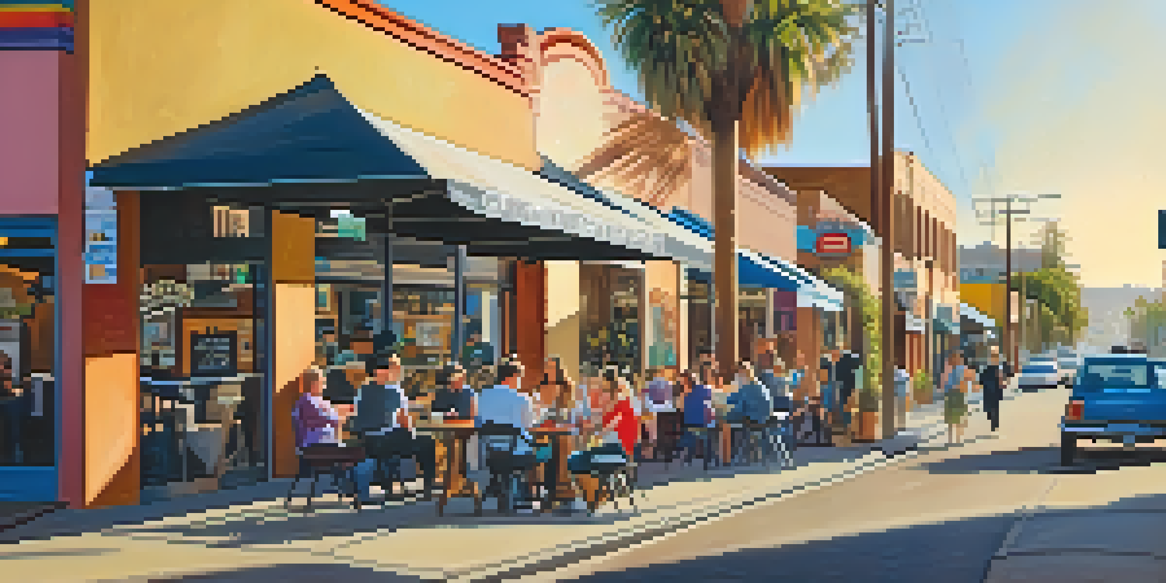 A lively street in North Park, San Diego, with colorful murals, people enjoying coffee, and a bright sunny atmosphere.
