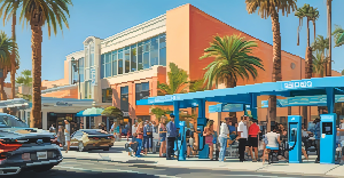 A busy San Diego street with people using an electric vehicle charging station, palm trees, and colorful shops in the background.