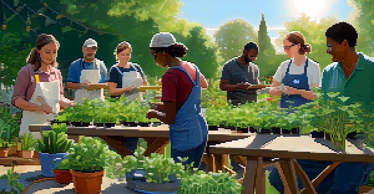 A community gardening workshop with people learning around a table filled with tools and seedlings, surrounded by greenery and sunlight.