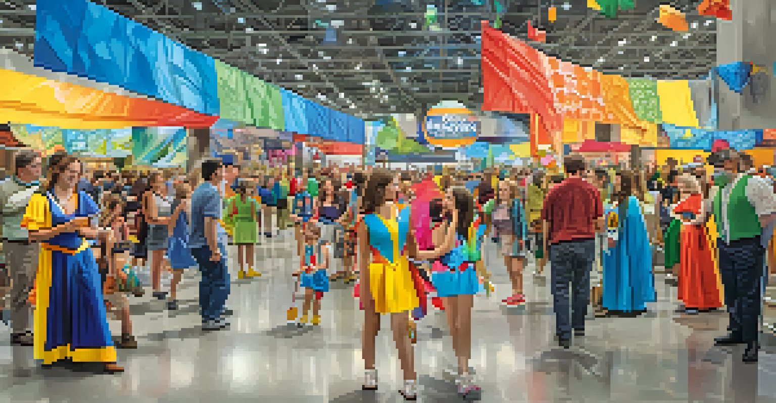 Families enjoying various activities at Comic-Con International, with colorful costumes and exhibits.