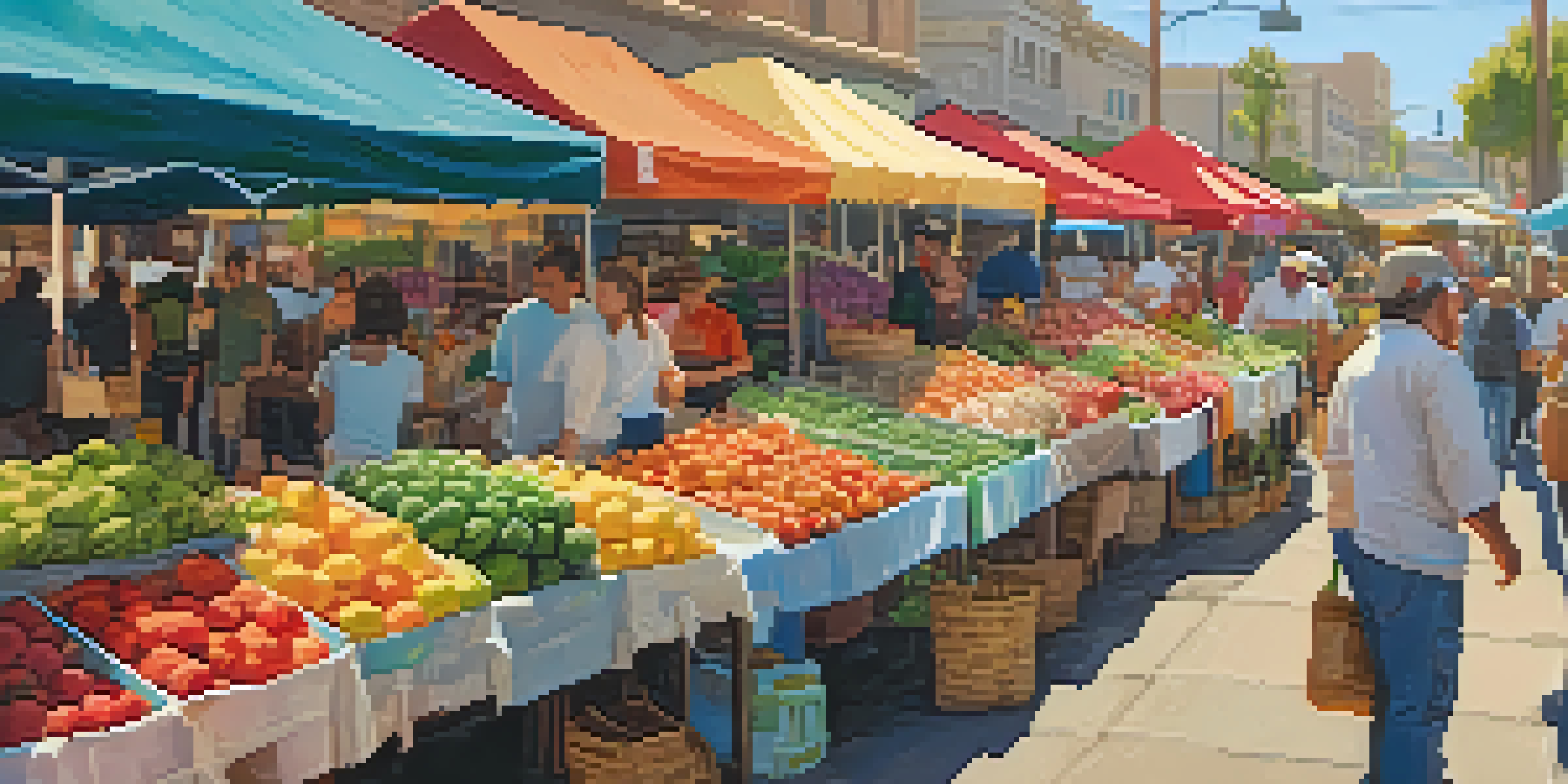 A lively outdoor market in San Diego showcasing colorful stalls with fresh produce and handmade goods, with people shopping and bright banners in the background.
