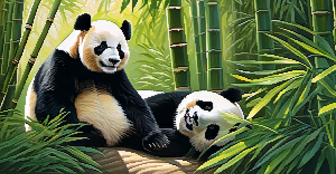 Two giant pandas playfully interacting among lush bamboo in the San Diego Zoo, with soft sunlight filtering through the leaves.