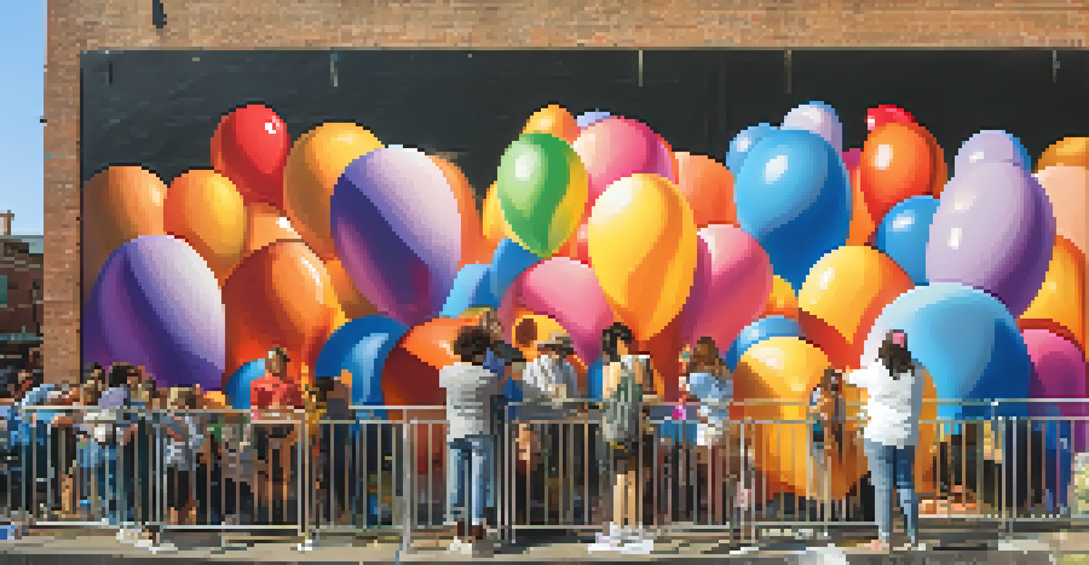 An artist painting a mural at a community art festival with colorful decorations and engaged spectators.