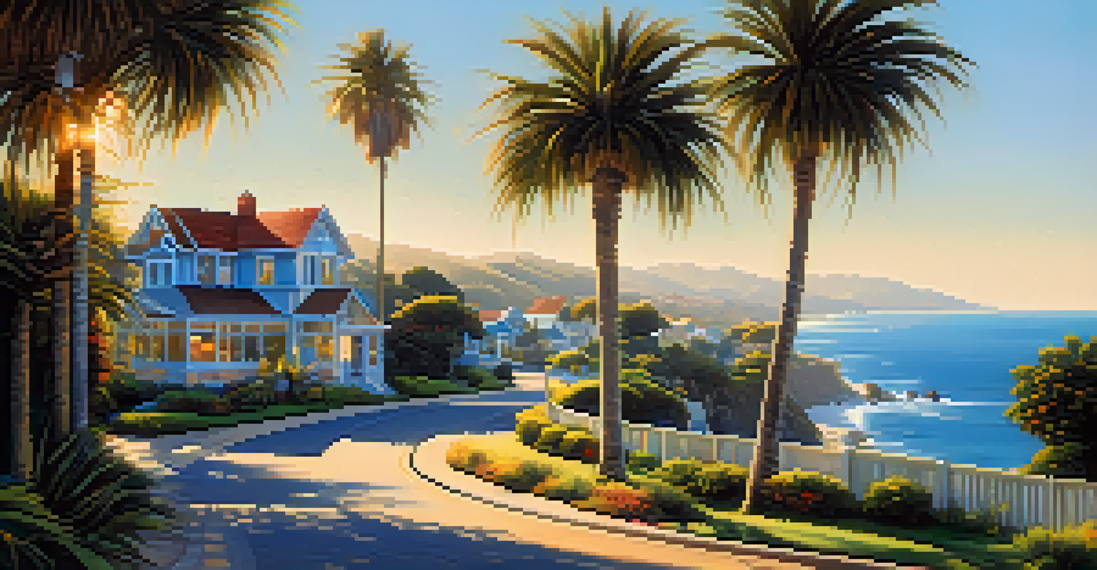 A picturesque view of the Pacific Coast Highway with a winding road, ocean on one side, and palm trees lining the path.