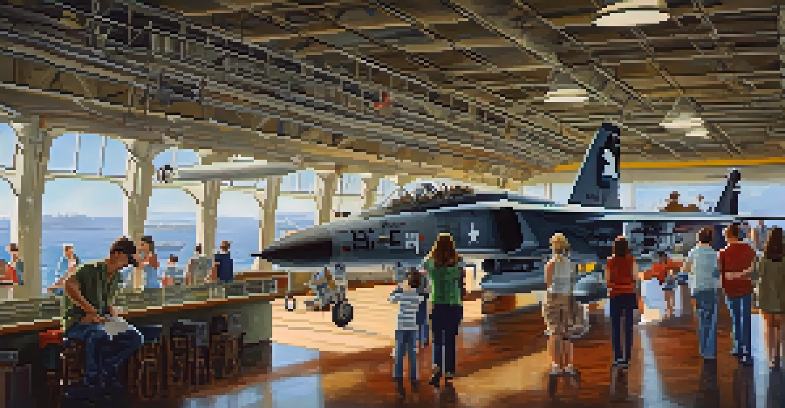 Visitors exploring the interior of the USS Midway Museum with exhibits and artifacts of naval history.
