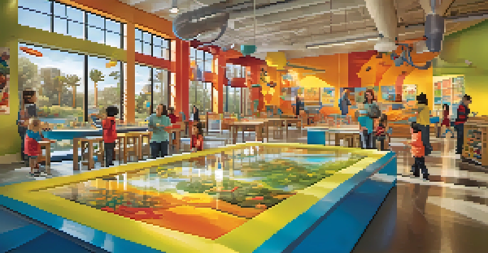 Children play and explore colorful interactive exhibits in a bright museum environment, with art stations and science displays.