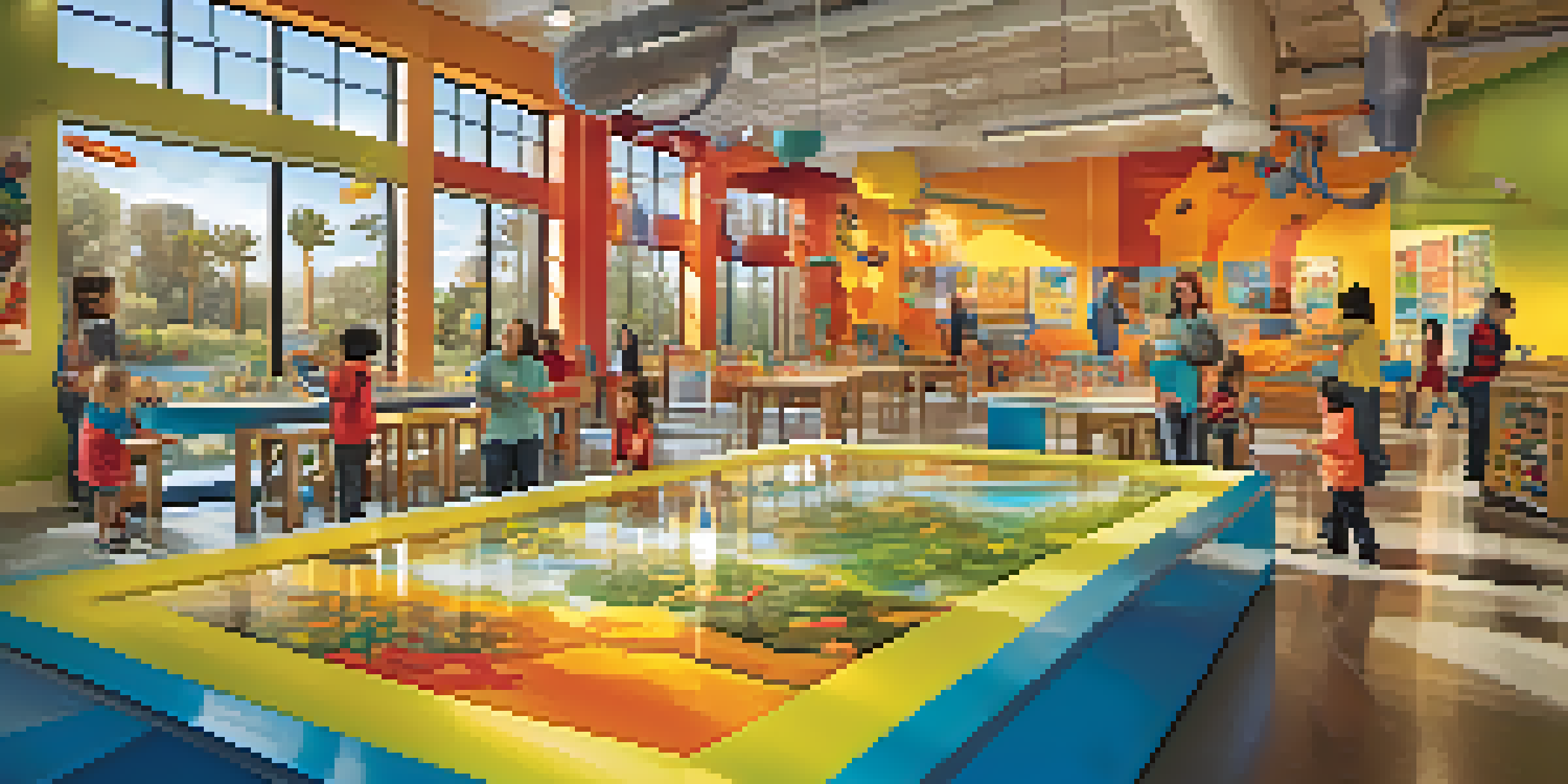 Children play and explore colorful interactive exhibits in a bright museum environment, with art stations and science displays.