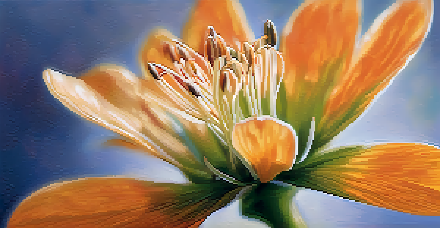 A close-up image of a flower with detailed petals and leaves, set against a softly blurred background.