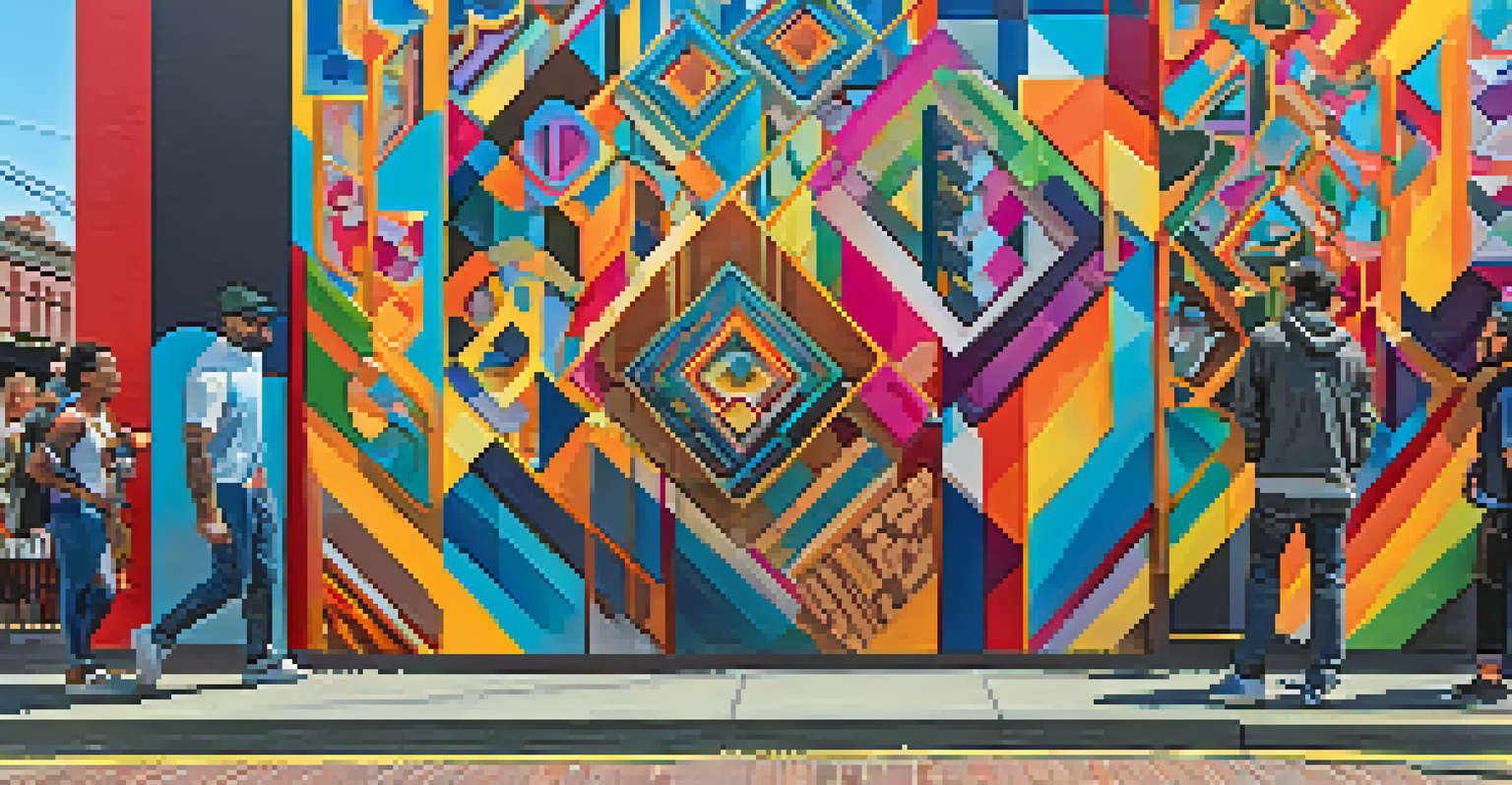 A colorful street art mural in the Gaslamp Quarter with people admiring it and boutique shops nearby.