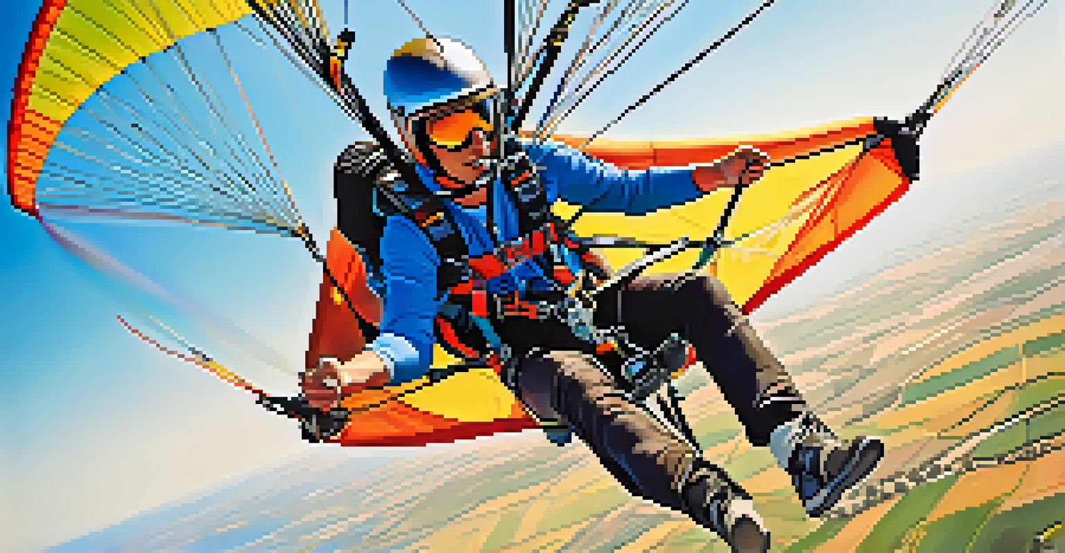 Close-up of a paraglider in flight against a clear blue sky, showcasing the colorful glider and harness.