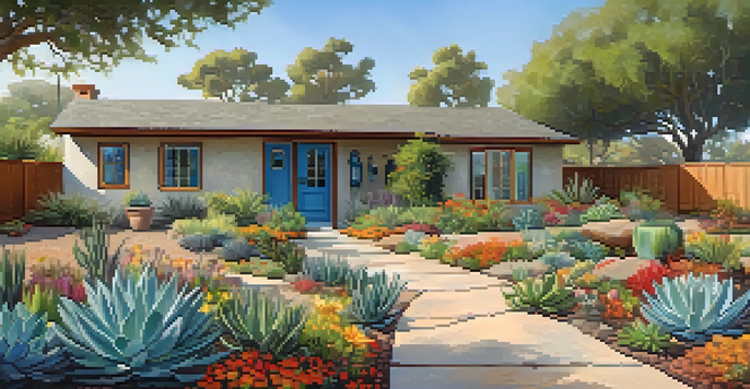 A drought-resistant garden with native plants and a rain barrel under a sunny sky.