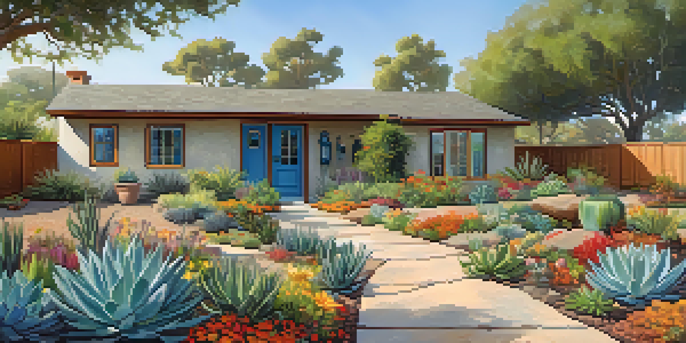 A drought-resistant garden with native plants and a rain barrel under a sunny sky.