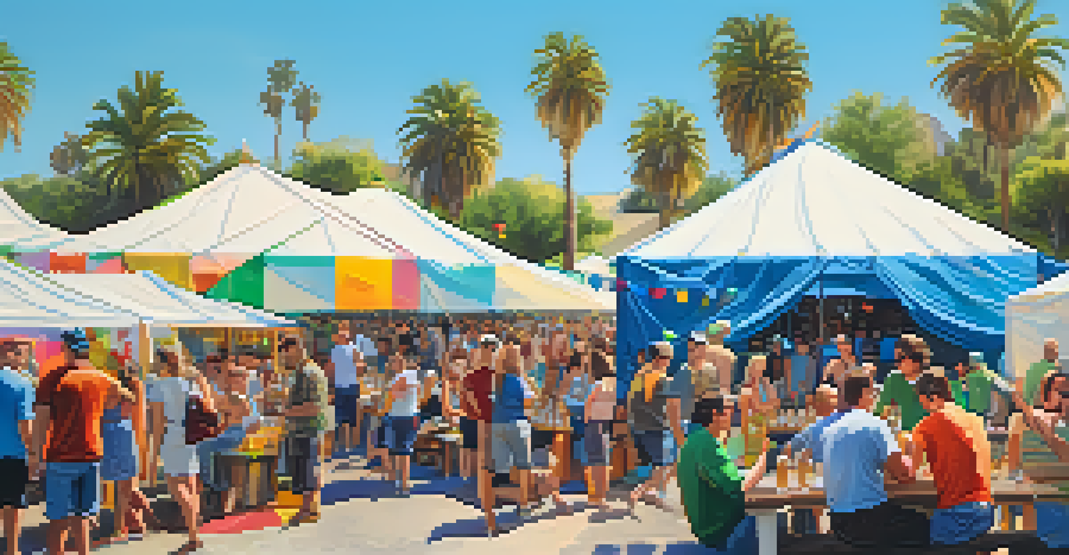 A lively outdoor craft beer festival in San Diego with people tasting beers, colorful tents, and friends clinking glasses under a sunny sky.