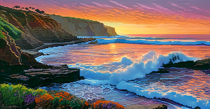 A stunning sunset over the ocean with colorful clouds and cliffs, highlighting the beauty of Point Loma.