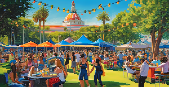 A lively outdoor music festival with multiple stages, colorful food trucks, and attendees enjoying the music in a sunny park.