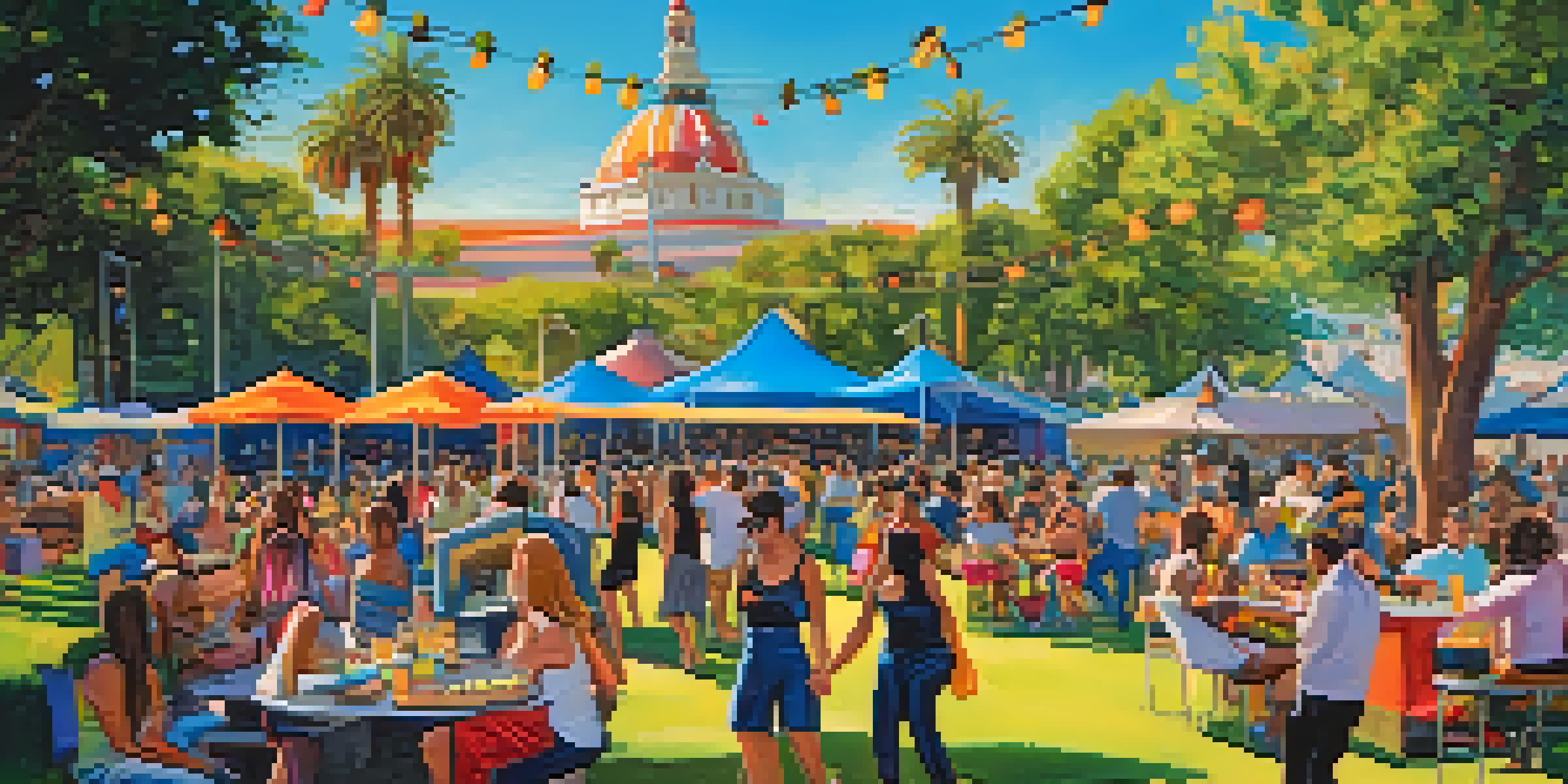 A lively outdoor music festival with multiple stages, colorful food trucks, and attendees enjoying the music in a sunny park.