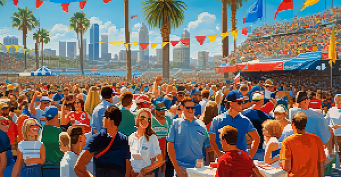 A lively sports event in San Diego with enthusiastic fans, team colors, and the city skyline in the background.