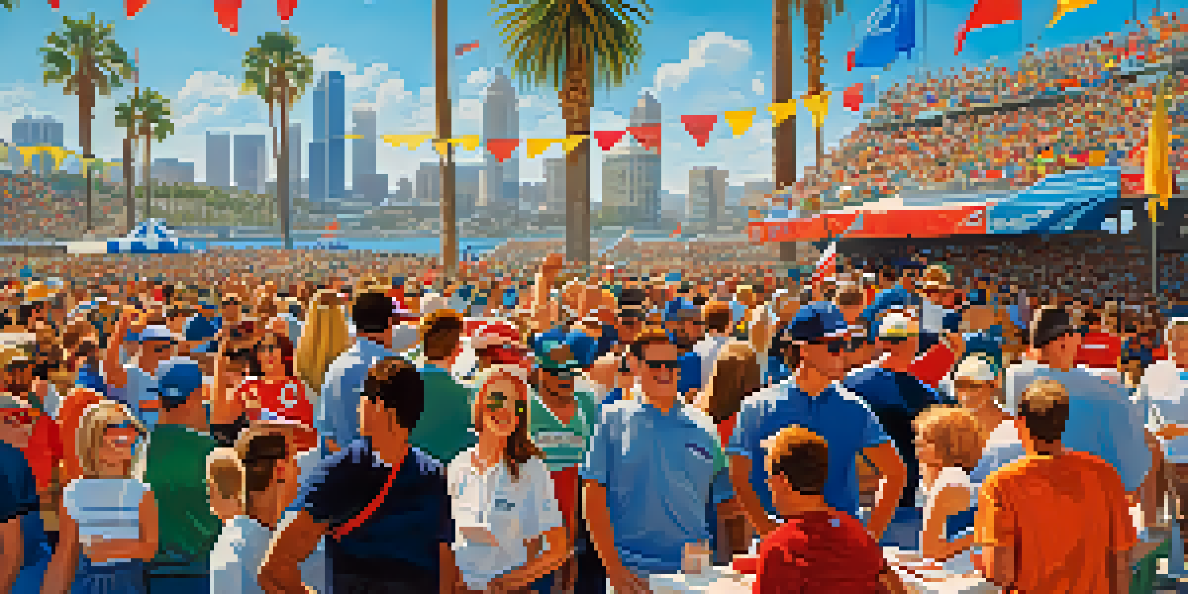 A lively sports event in San Diego with enthusiastic fans, team colors, and the city skyline in the background.