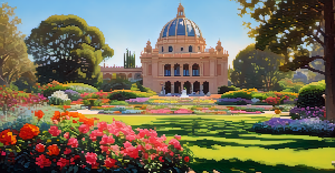 A picturesque picnic setup in Balboa Park with colorful flowers and museums in the background under a sunny sky.