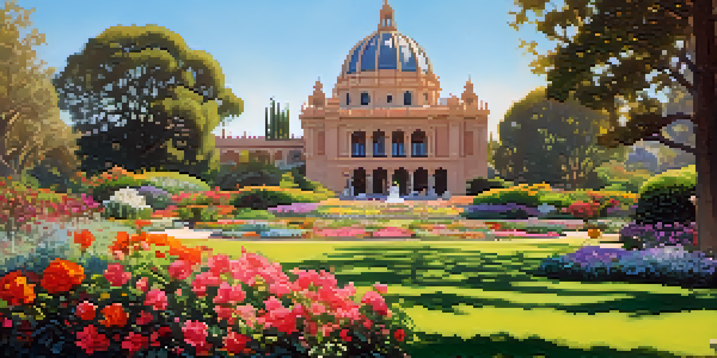 A picturesque picnic setup in Balboa Park with colorful flowers and museums in the background under a sunny sky.