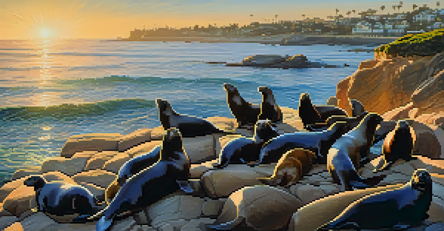 A vibrant coastal scene at La Jolla Cove with sea lions basking in the sun, clear waters, and beautiful sea caves, all illuminated by the golden hour light.