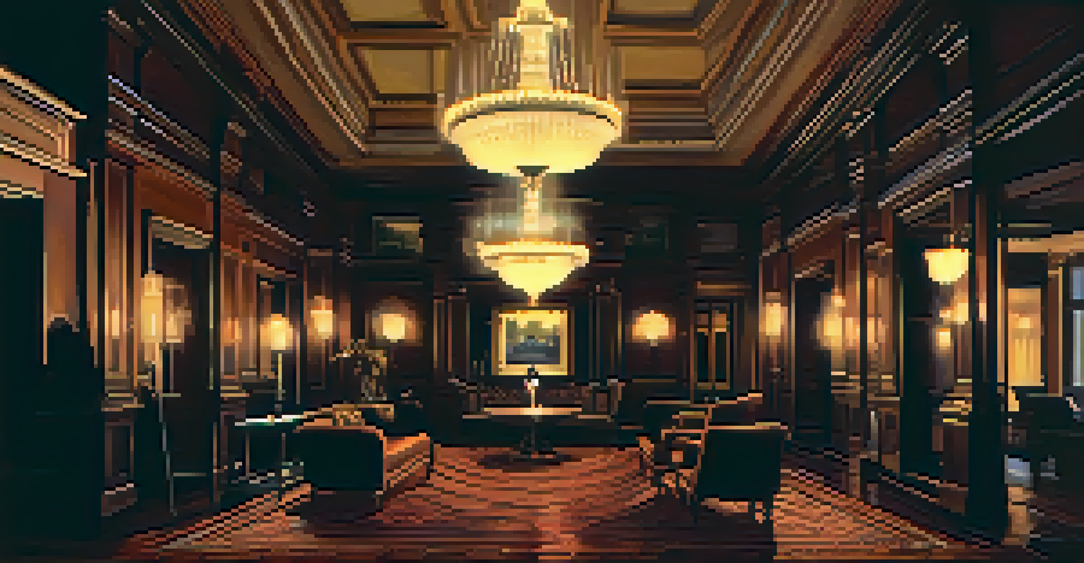 The dimly lit Victorian lobby of the Horton Grand Hotel with a ghostly silhouette of a woman wandering in the background.