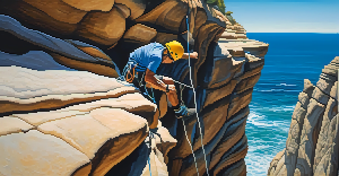 A climber on sandstone cliffs by the ocean, showcasing determination and a beautiful coastal background.