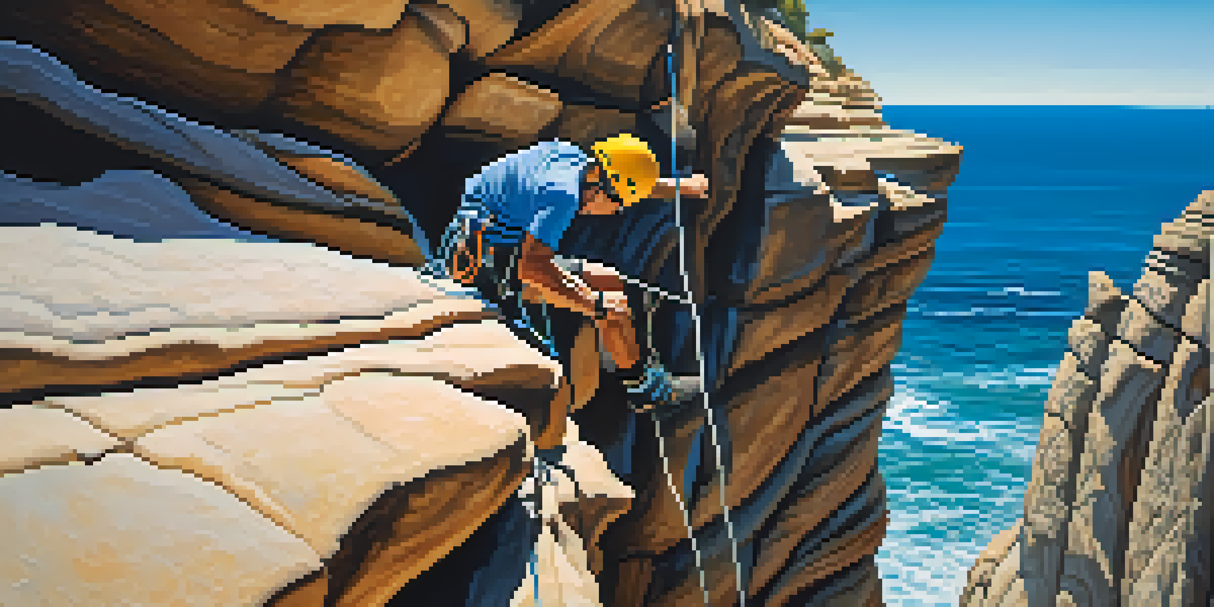 A climber on sandstone cliffs by the ocean, showcasing determination and a beautiful coastal background.