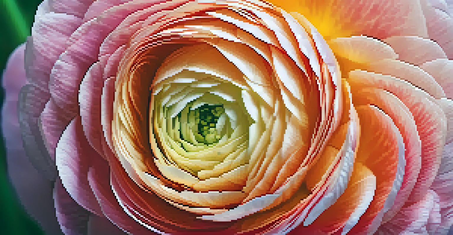 Close-up of a vibrant Giant Tecolote Ranunculus flower with layers of petals.