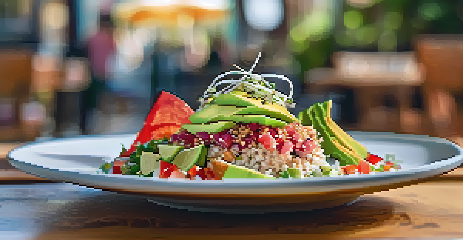 A close-up of a spicy tuna poke taco garnished with avocado and sesame seeds, set against a stylish restaurant background.