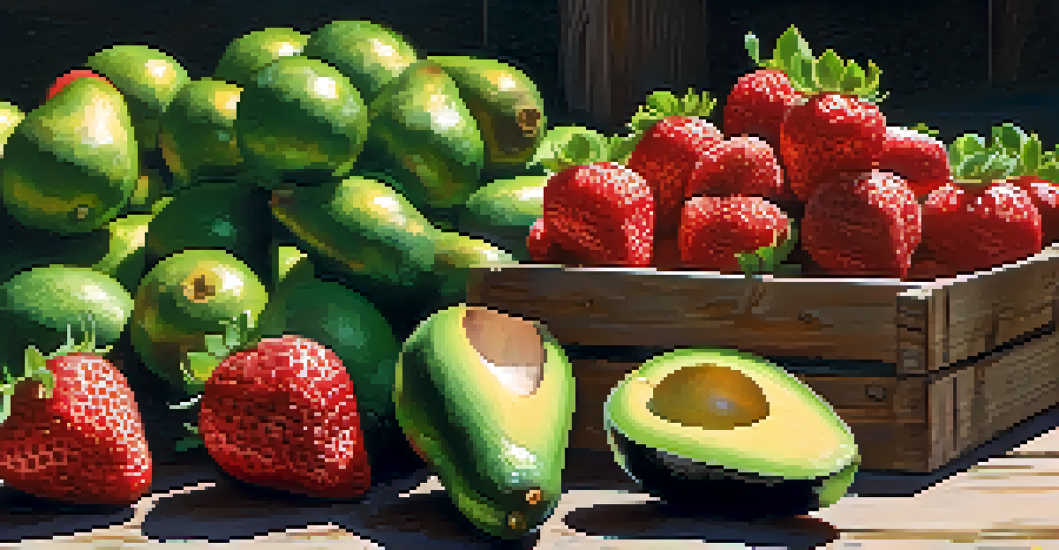 Close-up of ripe strawberries and avocados at a farmers market, with sunlight highlighting their fresh colors.