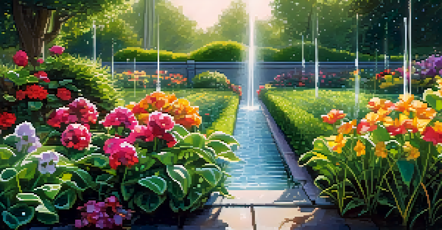 Close-up of a smart irrigation system watering a lush garden, with colorful plants and flowers, capturing the glistening water droplets in the sunlight.