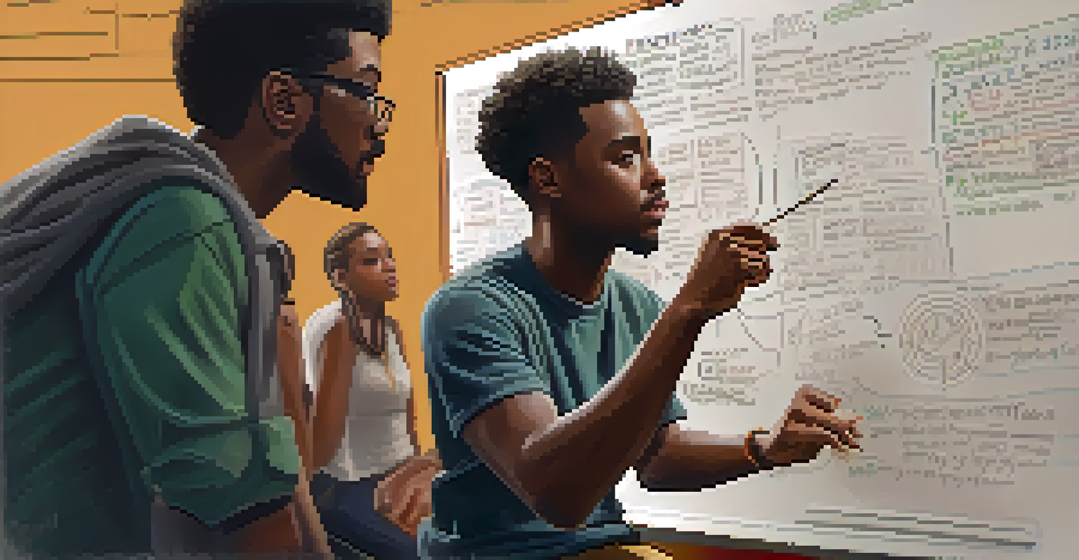 A young Black filmmaker speaking passionately during a workshop with a chalkboard in the background.