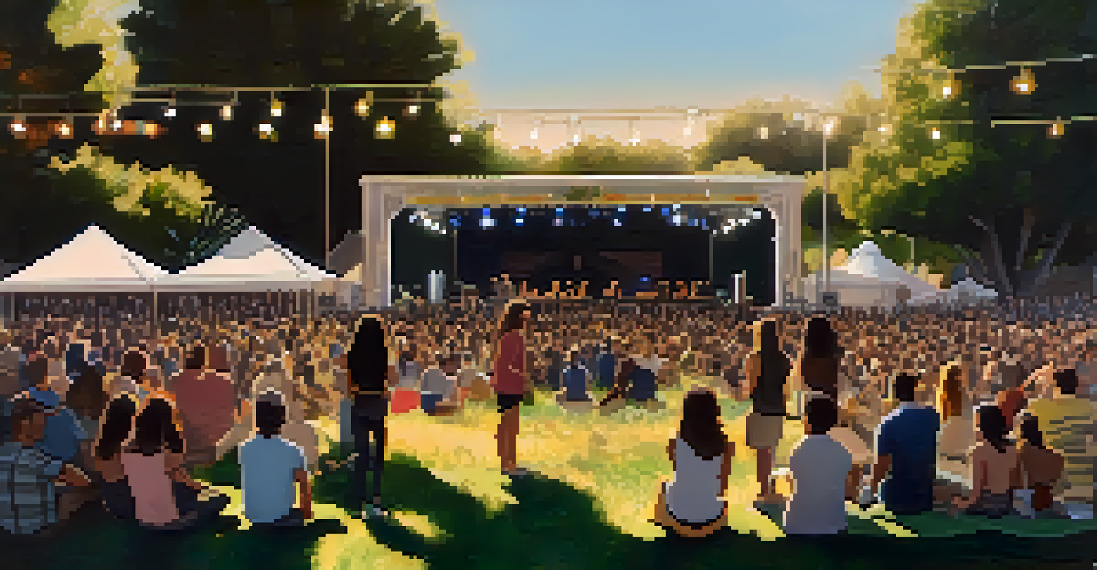 An indie band performing on a small stage in front of an engaged audience at a cozy music festival.