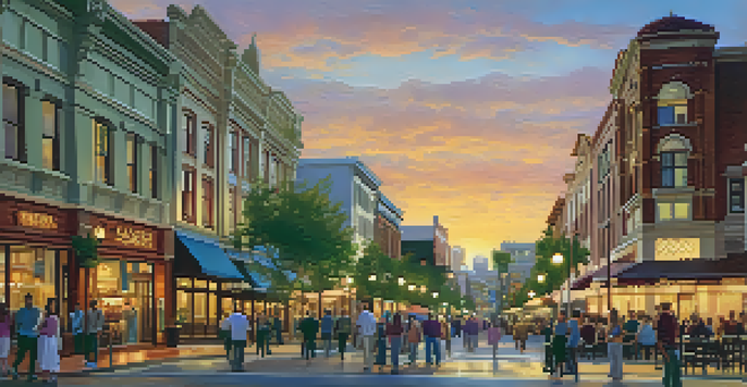 A picturesque sunset view of the Gaslamp Quarter in San Diego, featuring historic buildings and lively street activity.