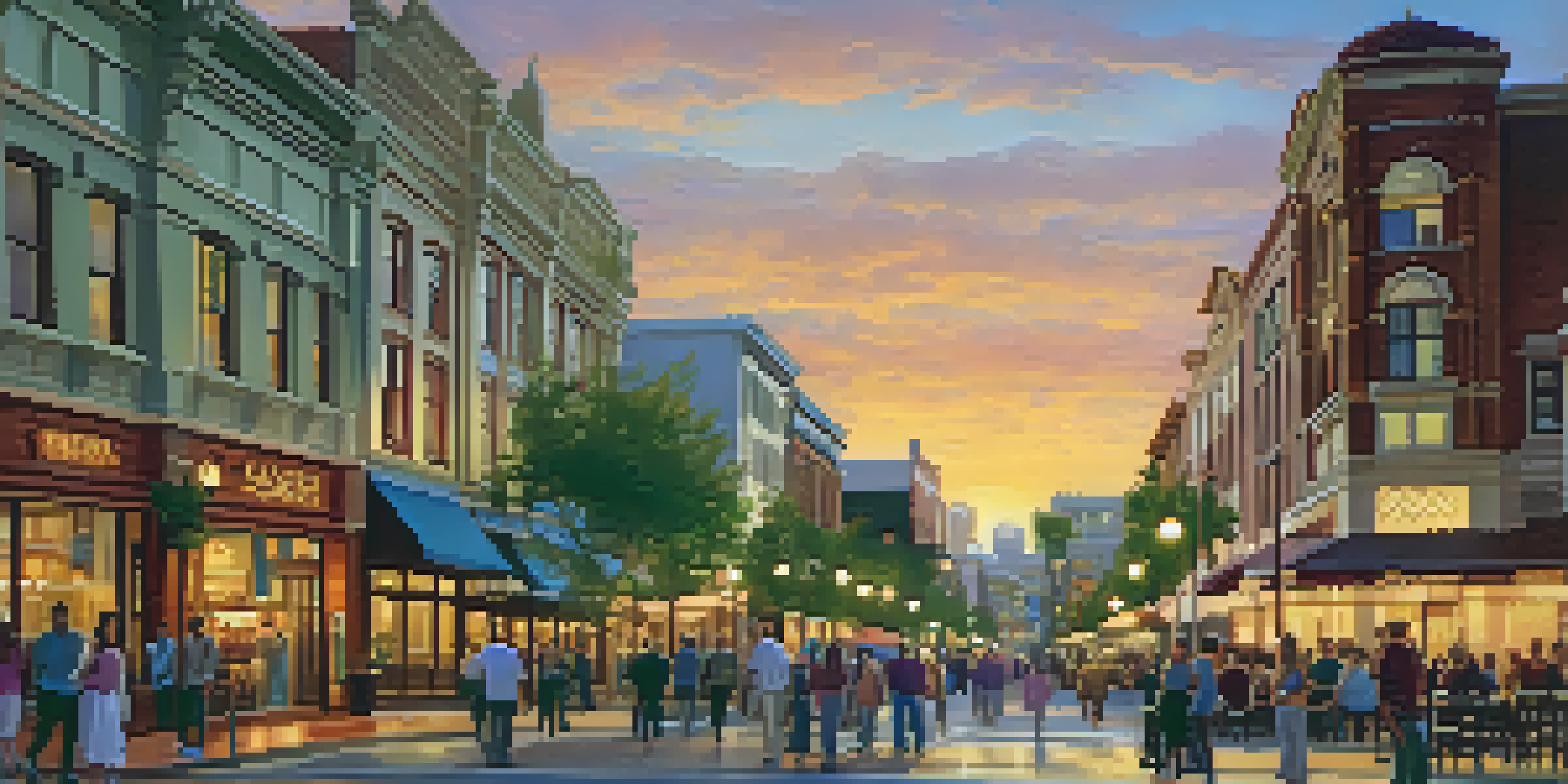 A picturesque sunset view of the Gaslamp Quarter in San Diego, featuring historic buildings and lively street activity.
