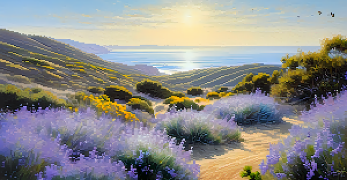 A colorful view of San Diego's coastal sage scrub featuring blooming California lilac and sagebrush under a bright blue sky, with butterflies in the scene.