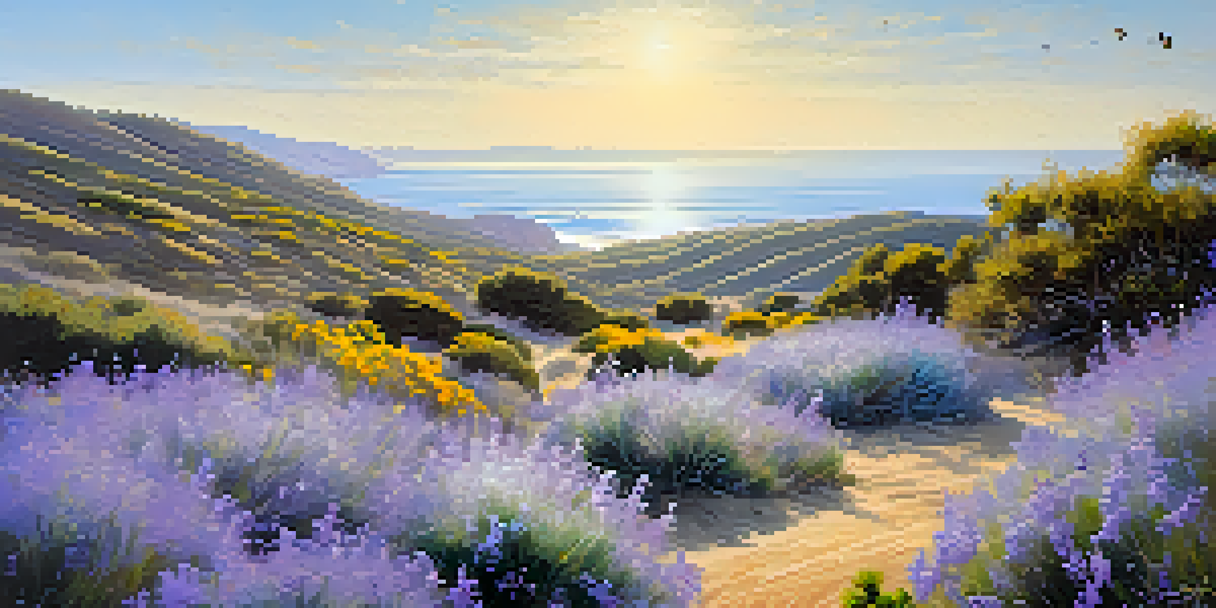 A colorful view of San Diego's coastal sage scrub featuring blooming California lilac and sagebrush under a bright blue sky, with butterflies in the scene.