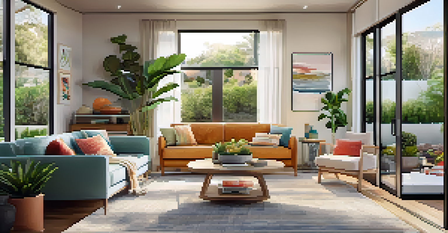 Modern living room in San Diego with large windows, bright colors, and a view of a lush garden.