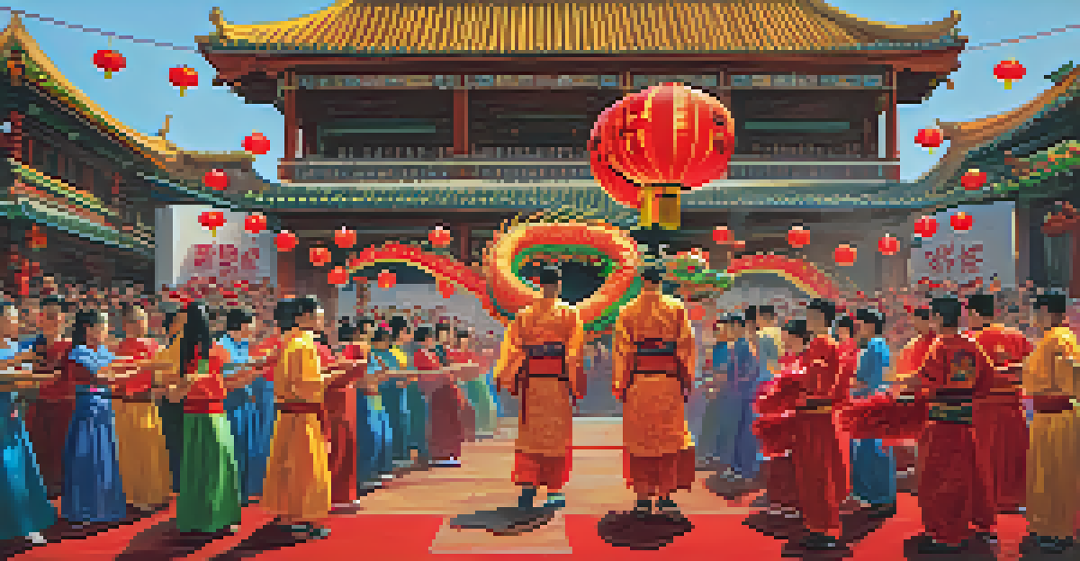 A dynamic dragon dance performance during the Lunar New Year Festival, surrounded by colorful lanterns and families celebrating.