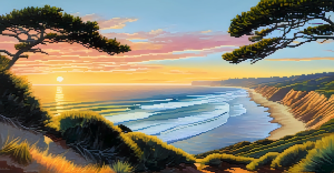A picturesque view of Torrey Pines State Natural Reserve with iconic trees and ocean views during sunset.