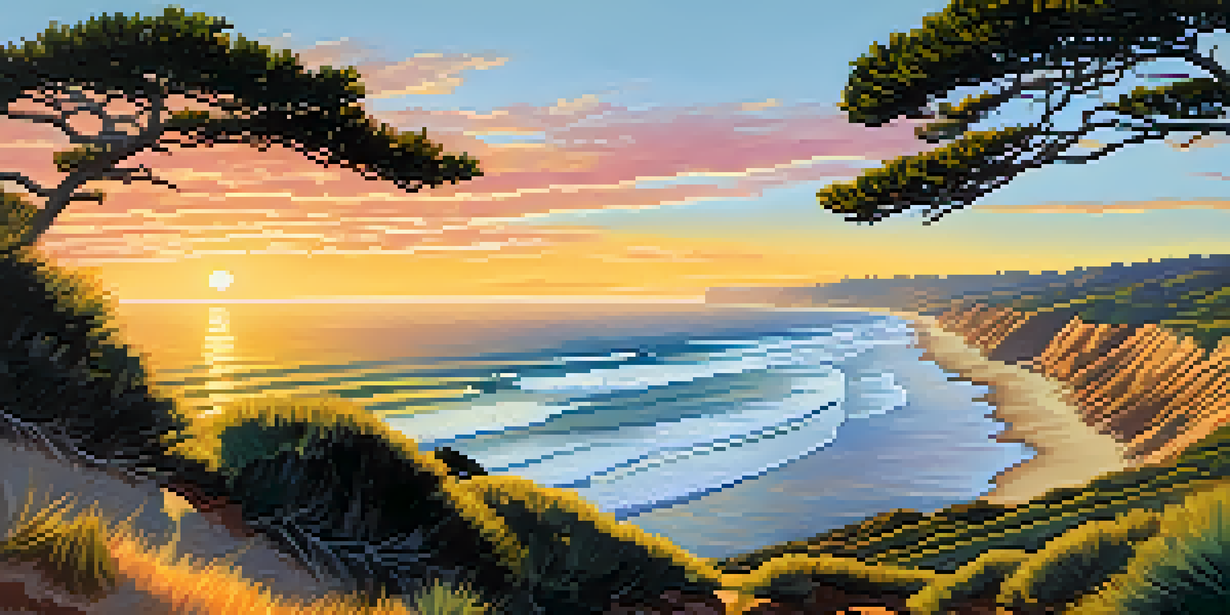 A picturesque view of Torrey Pines State Natural Reserve with iconic trees and ocean views during sunset.