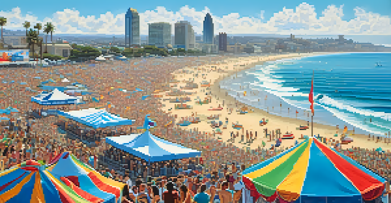 A panoramic view of San Diego's coastline during a music festival, with crowds, stages, and the ocean in the background under a blue sky.