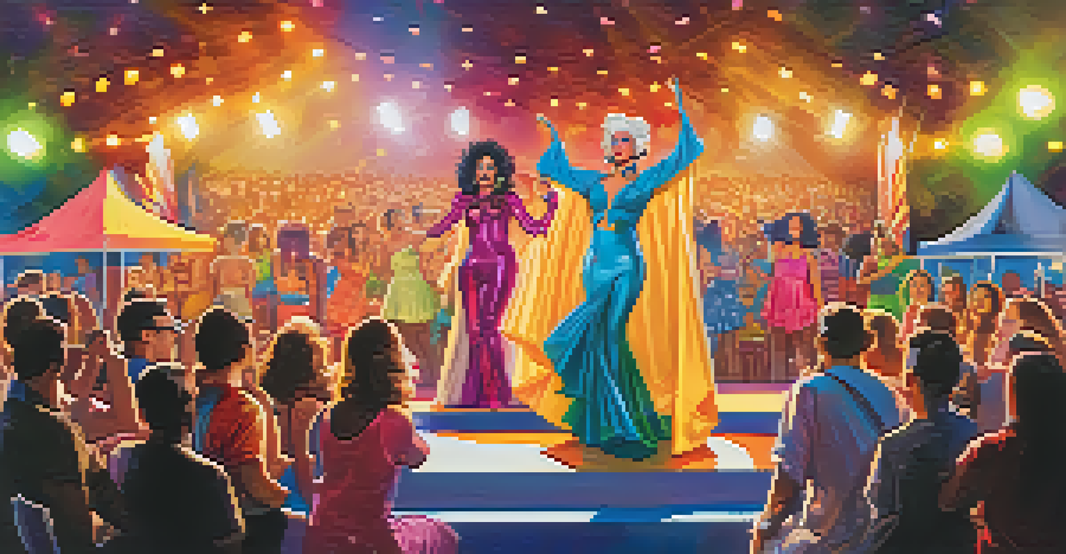 An artistic drag performance at San Diego's Pride Festival with performers in elaborate costumes captivating the audience under colorful lights.