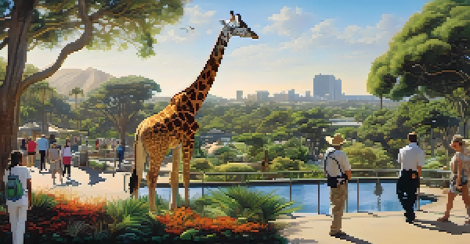 A scenic view of the San Diego Zoo with animals and visitors, set in a lush, sunlit landscape.