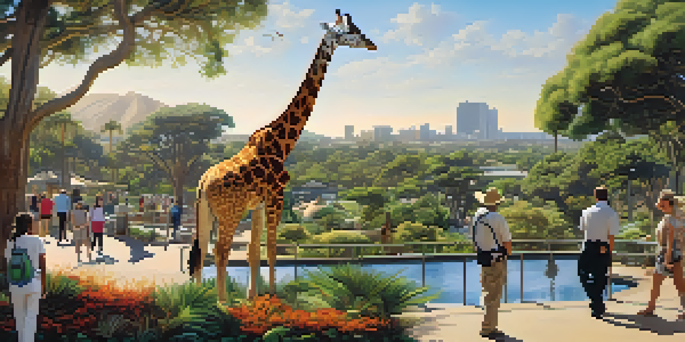 A scenic view of the San Diego Zoo with animals and visitors, set in a lush, sunlit landscape.