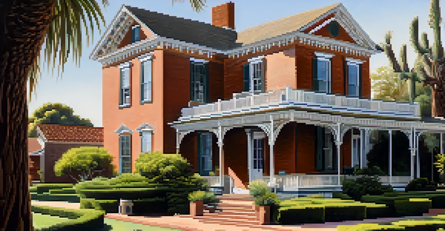 The Whaley House in Old Town San Diego, surrounded by gardens and visitors exploring the historic site.